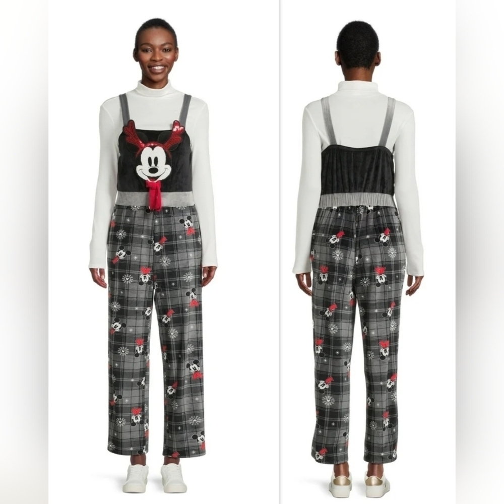 Disney Christmas Mickey Mouse Velour Jumpsuit PJ Pajama Overalls Junior's XL